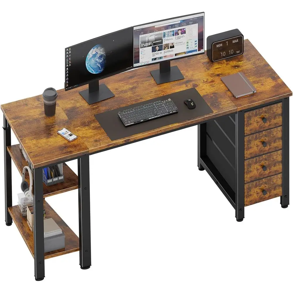 

55 inch Computer Desk with 4 abric Ders & Storage Shelves, Writing Work Study Desk or Home Oice Bedroom, ern Simple Student PC D