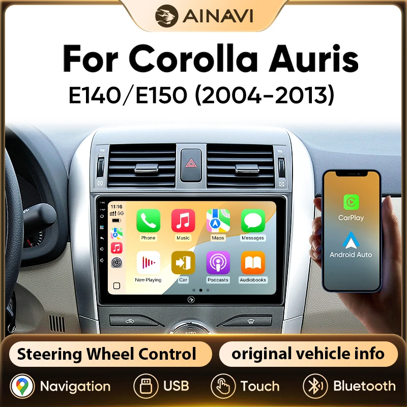 Autoradio Ainavi Wireless Android Auto CarPlay con Schermo per Auto, Sistema Intelligente per Toyota Corolla Auris E140 E150, Lettore Multimediale Stereo per Auto con GPS, FM, BT, USB, SWC, 4G,