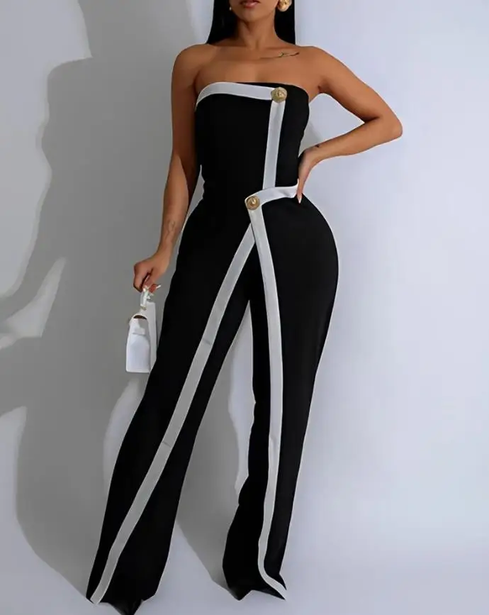Jumpsuit Elegan Model Terbaru 2025, Warna-warni Seksi, Motif Print Colorblock, Asimetris, Tanpa Lengan, Slim Fit, Hiasan Kancing