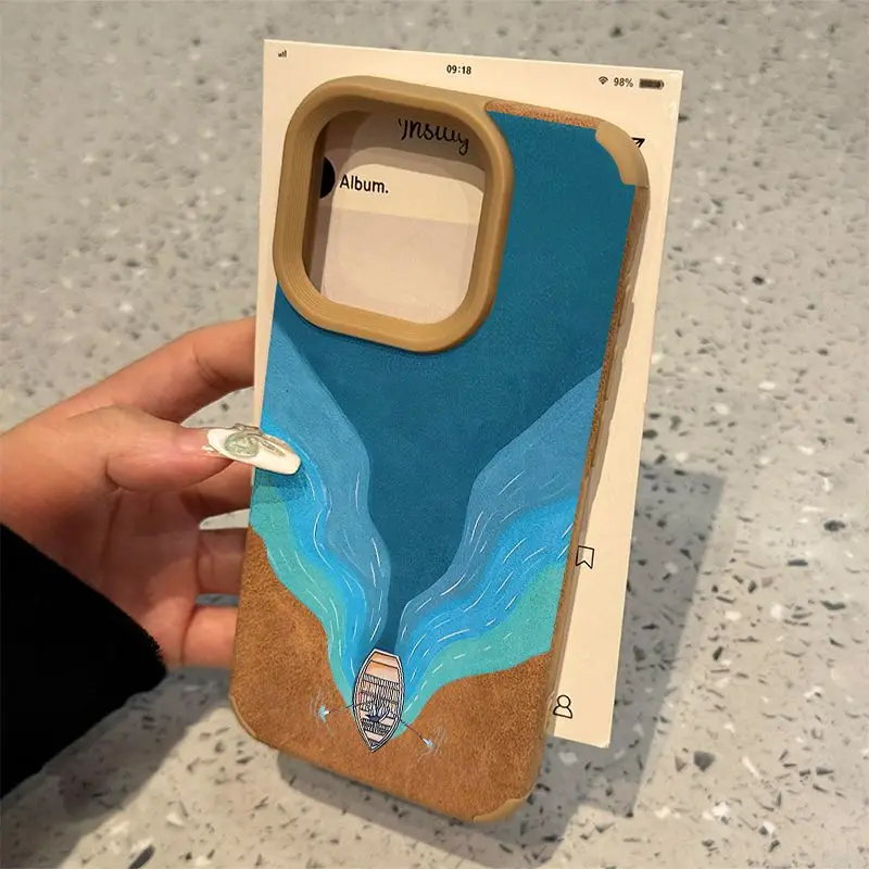 Creatieve Blauwe Oceaan Boot Geavanceerde Bruine Suede Zachte Telefoon Case Voor iPhone 11 12 13 14 15 16 Pro Max mode Cartoon Cover Y2k