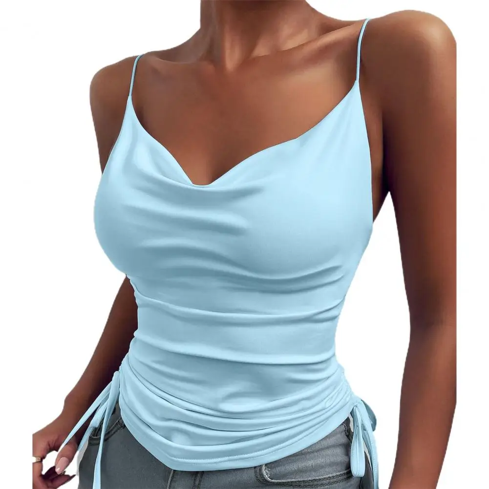 Women's Solid Tank Top V Neck Camisole Cami Drawstring Spaghetti Strap Top Sleeveless Blouse Tank Shirt New Summer Crop Top