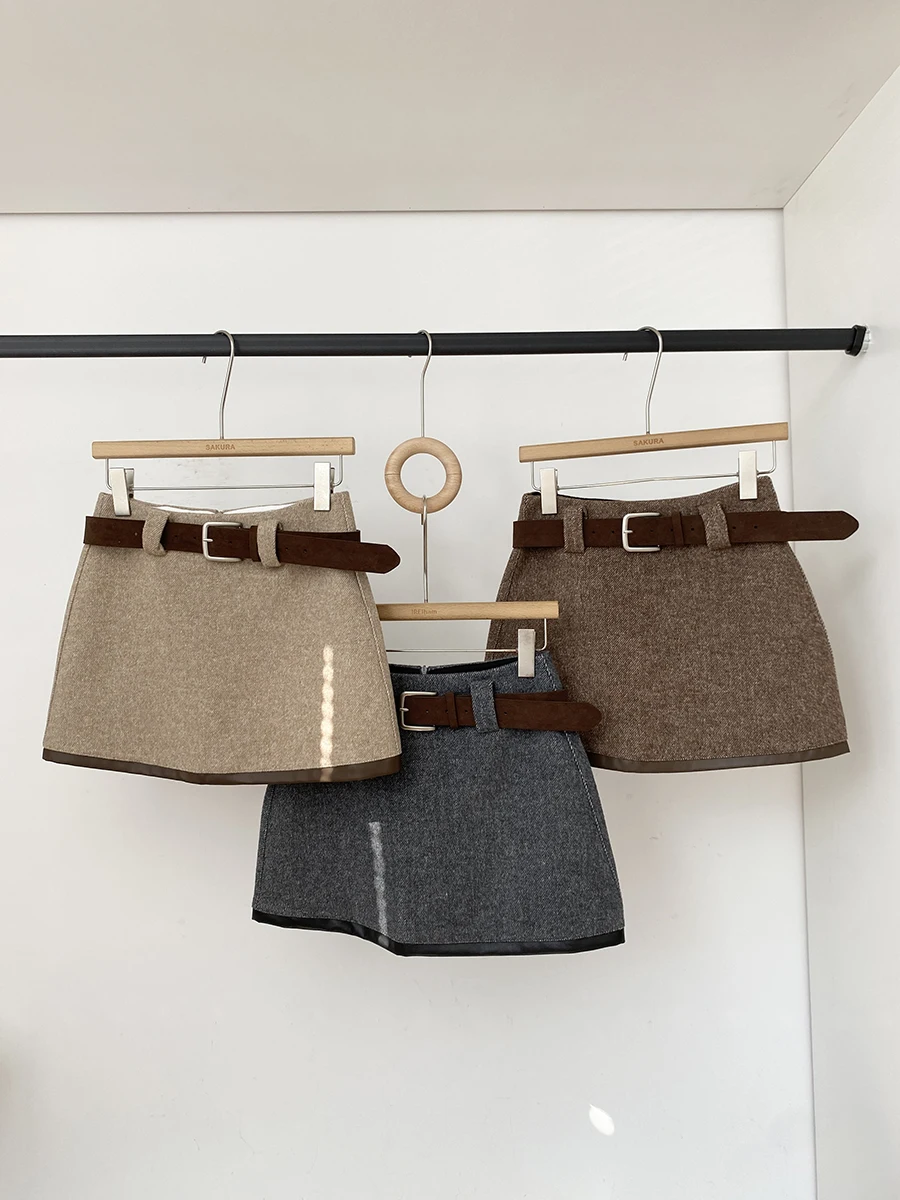 

Женская юбка с высокой талией из фетра, приталенная, с поясом, А-силуэт, для офиса, из полиэстера, осень 2025, новый корейский дизайн