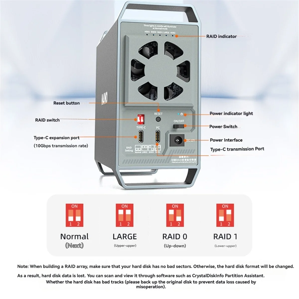 N18R 10Gbps Dual Bay 3.5In حاوية القرص الصلب الخارجي مع 4 أجهزة ذكية للتحكم في درجة الحرارة لـ 2.5/3.5 بوصة HDD (الولايات المتحدة)