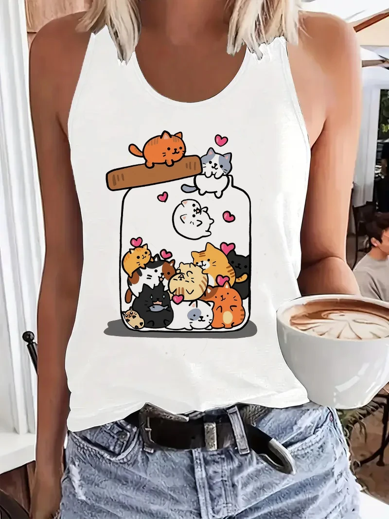 Mode 2026 Lustiges Katzen-Y2K-T-Shirt Bedrucktes Tanktop Grafik-Tanktop Damen Ärmelloses Rundhals-Freizeitoberteil Sommer Frühling
