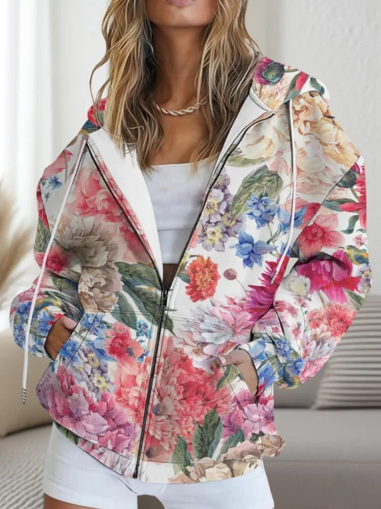 

Women'S Jackets Coat Floral Print Graphic Hoodies Casual Long Sleeve Loose Pullover Tops With Pocket Thick Long Sleeves Tops