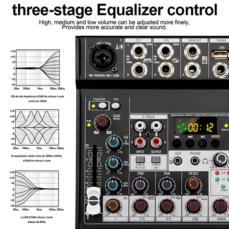 AIAI Portable Bluetooth Audio Mixer Console 5 Channels Soundcard USB Play Record Computer Playback Mini Audio Mixer Broadcast