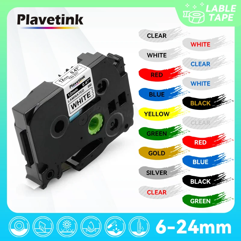 PLAVETINK-etiqueta de fita compatível para Brother, fita de impressora laminada, preto no branco, 12mm, 0, 47 TZe231, PTH110