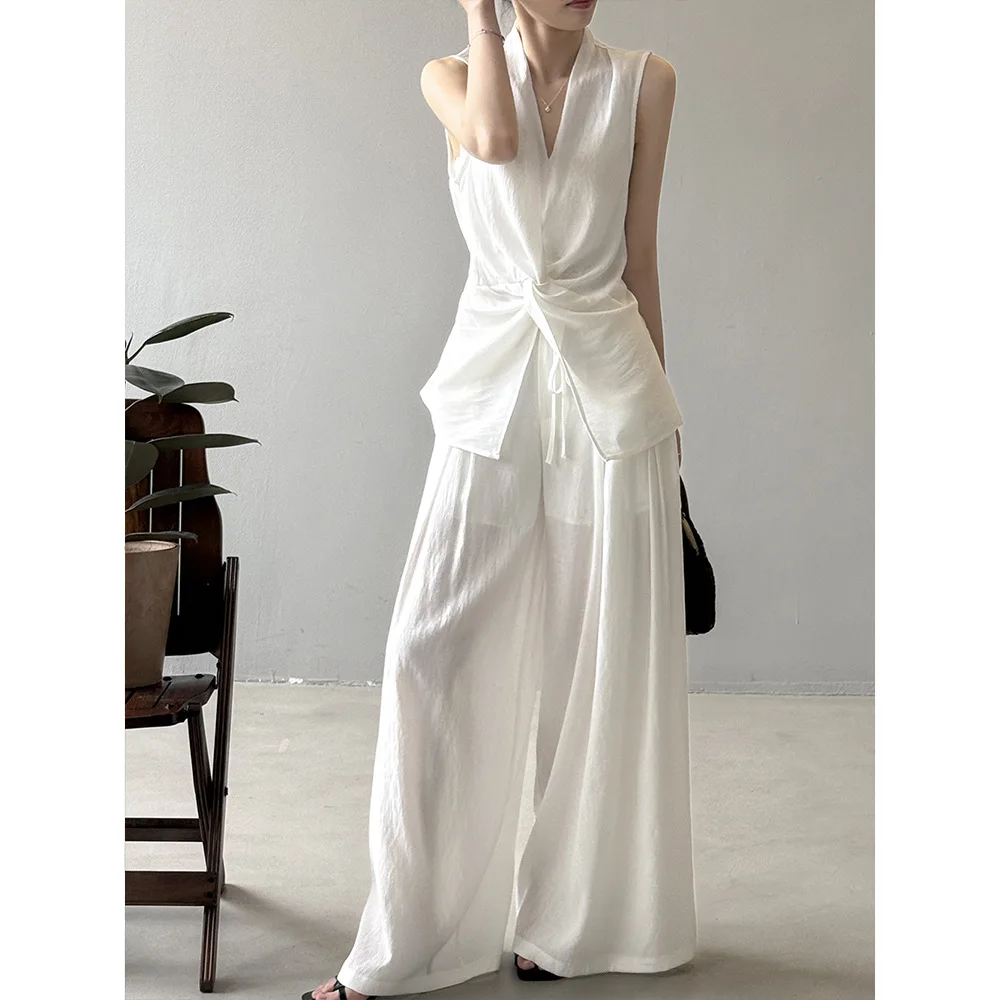 

Pants set design twist sleeveless shirt set for women's summer temperament top wide leg floor length pants