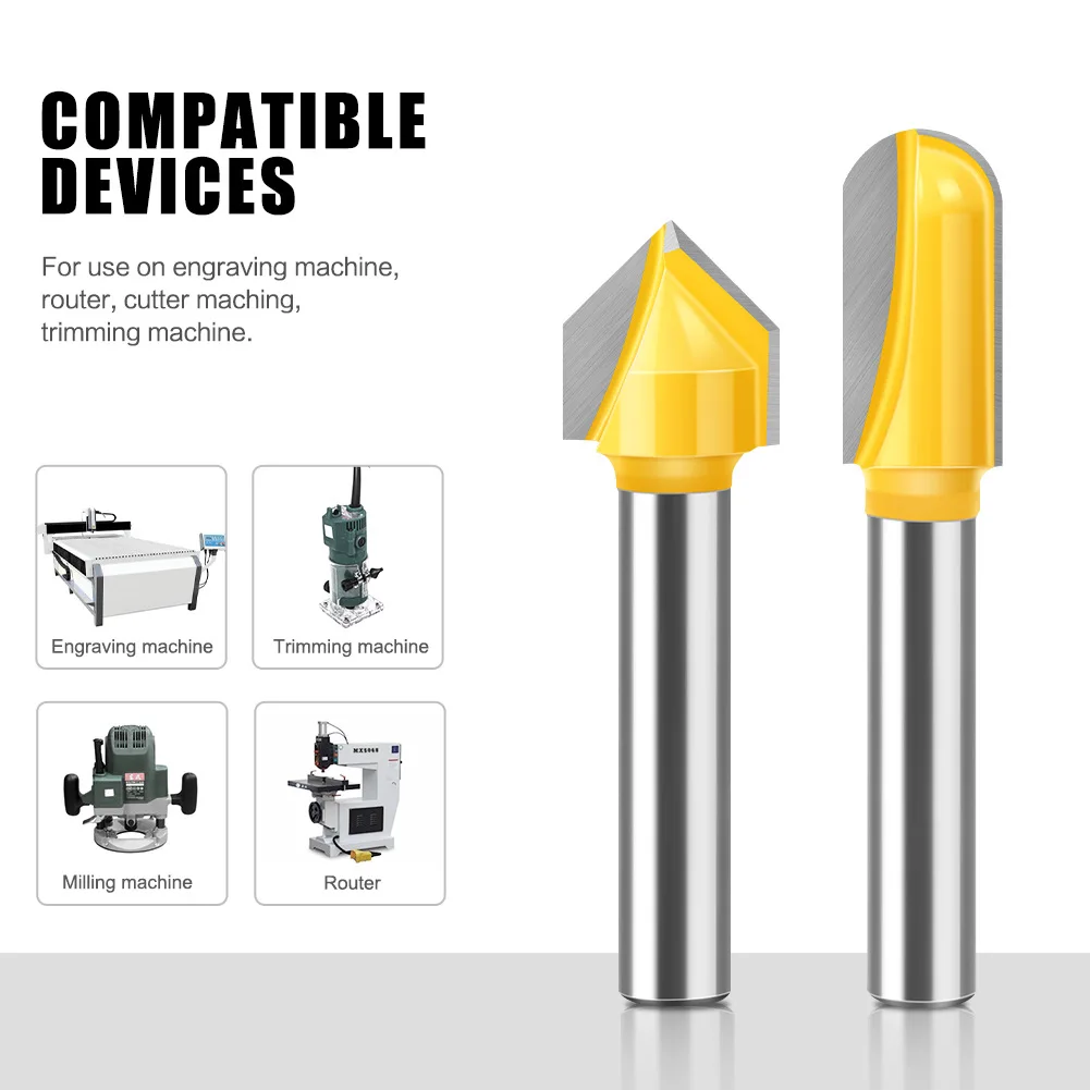 シャンクルータービットセット、コアボックスビット、丸みを帯びたノーズ、木工工具用90度V溝ビット、6mm、1/4"