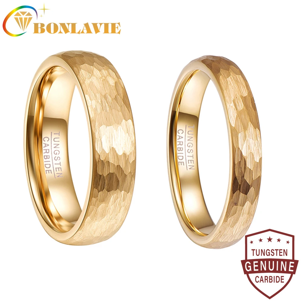 BONLAVIE 6mm 4mm Gold Color Hammered Tungsten Carbide Ring Domed Comfort Fit Engagement Ring Size 5-12