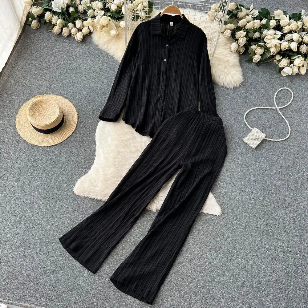 Sexy Solid Suit Two Pieces Outfits Office Lady Long Sleeve Lapel Jacket Coat Suits 2022 Women Casual Wide Leg Trousers Set