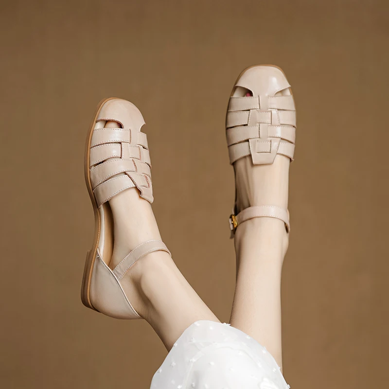

Women's new summer leather cowhide round toe low heel elastic buckle hollow breathable toe Roman shoes fashion sandals