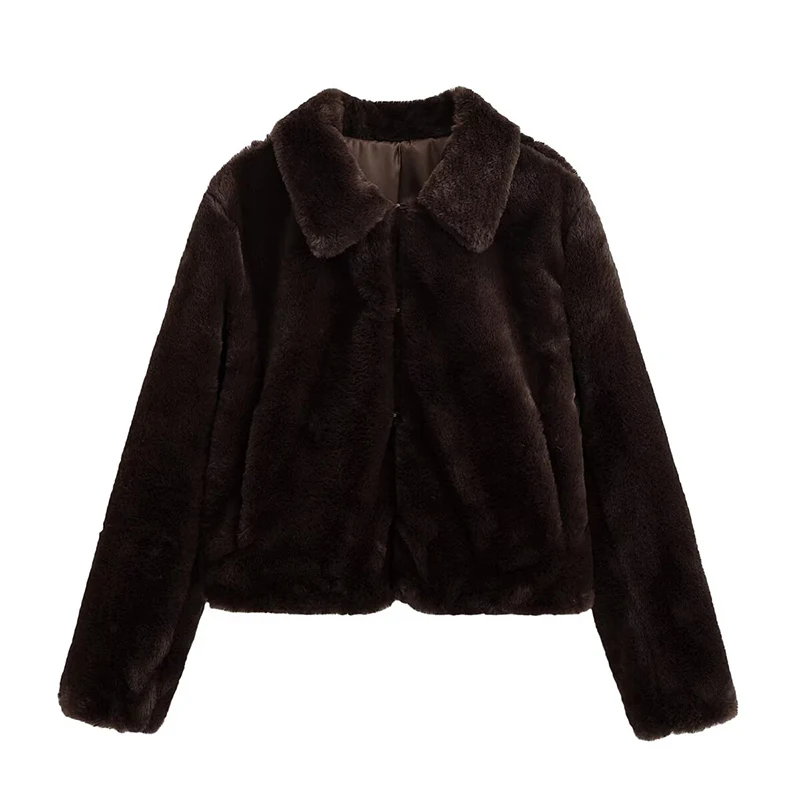 

Fashion Faux Fur Short Coat For Women Lapel Collar Long Sleeve Autumn Winter Warm Outerwear