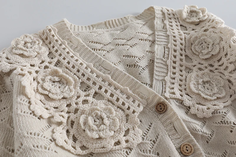 Vintage Hollow Out Knitted Floral Eyelet Woven Cardigan Fall Retro Cottagecore Shabby Chic Woven Boho Gypsy Hippie Sweet Sweater