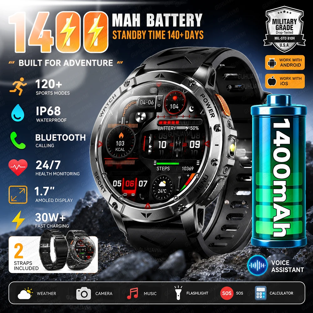 New TANK Ultra 1400mAh Battery Outdoor Smartwatch IP69 Waterproof Heart Rate LED Flashlight Bluetooth Call Sport Smart Watch Men