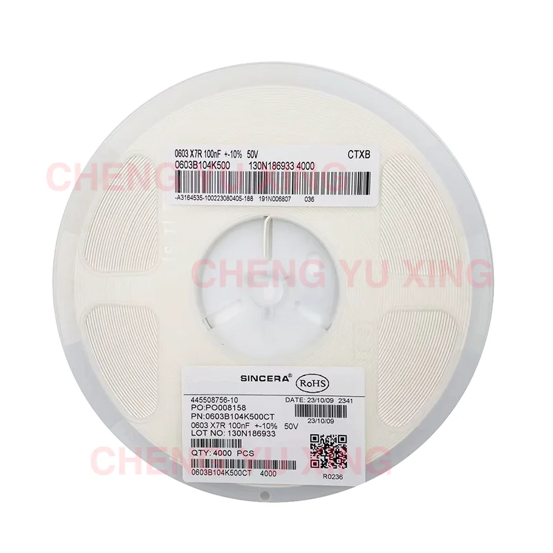 

0603 100nF 50V X7R 10%,0603B104K500CT，4000 pcs，SMD Capacitor