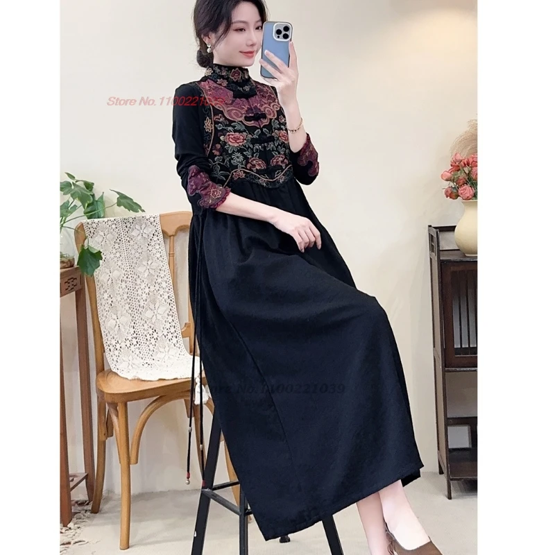 ชุดฮั่นฝูแบบดั้งเดิมของจีนปี 2025 ปักลายดอกไม้ประจำชาติ ผ้าฝ้ายผสมลินิน แขนกุด ลายแจ็คการ์ด สไตล์ย้อนยุค ทรงเอไลน์ ชุดพื้นเมือง