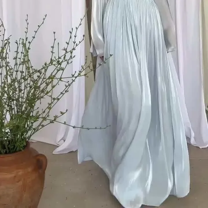 2024 New Solid Color Satin Maxi Pleated Plastic Wedding Dress Women Elegant O-Neck Waist Party Long Dress Women