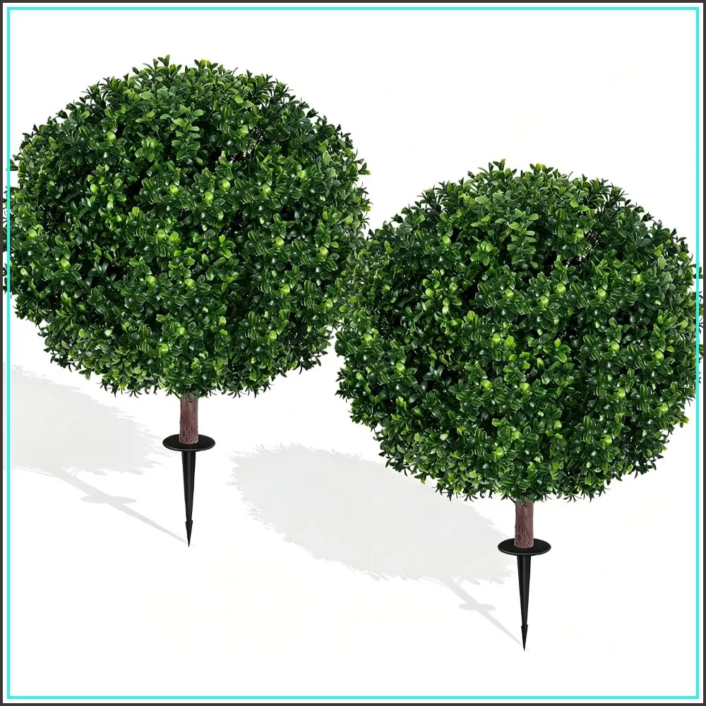 

27.5" Artificial Boxwood Topiary Ball Tree, Set of 2 UV Resistant Fake Evergreen Shrubs with Ground Spike for Outdoor Garden Decor