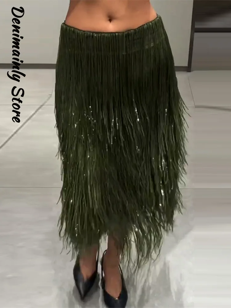 Fashion Tassel Sequin Long Skirt Women Green High Waist A-line Loose Skirts 2026 Autumn Lady Shiny Party Clothes New 2026 Spring