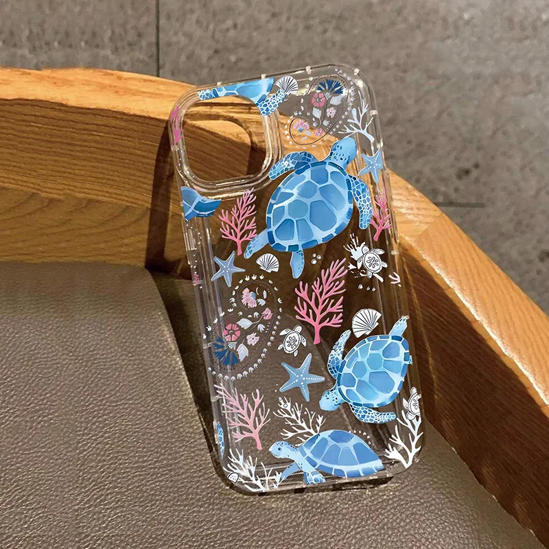 Fashion Transparent Phone Case For iPhone 16 Pro Max 15 14 13 12 11 XS X XR 7 8 Plus 16 With Turtle Coral Seashell Pattern Cover