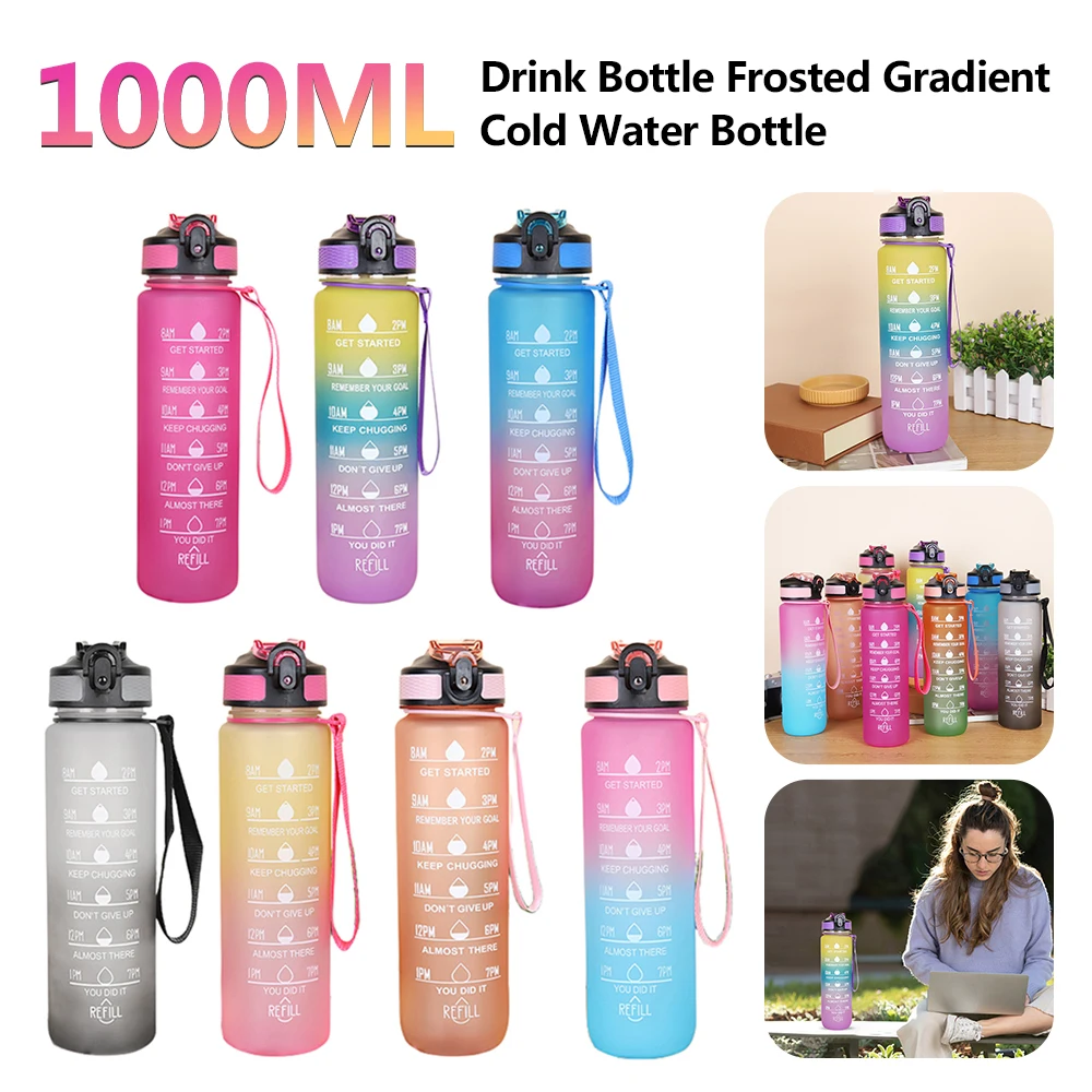 Gradient Color Sport Water Bottle 1000ML Motivational Drinking Bottle with Straw for Gym Fitness Jugs Outdoor Drinkware 2023