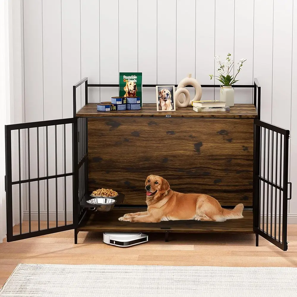 

Large Dog Crate with Rotating Feeder Bowls, Indoor Kennel, 48L x 30W x 43H, Rustic Brown