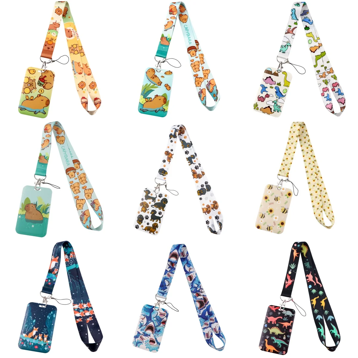 Cartoon ID Badge Holder Cute Dinosaur Lanyards Door Card Case Hanging Rope Neck Strap Keychain Business Card Gift