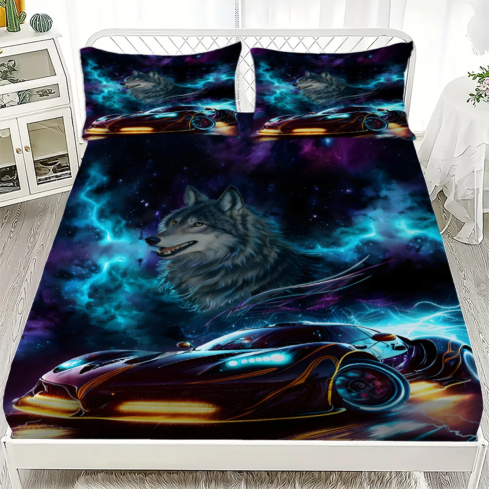 1pc Cool Racing Car Wolf Fitted Sheet 100% Polyester Durable Bed Sheet NO Pillowcases Home Bedroom Decor Boys Birthday Gifts