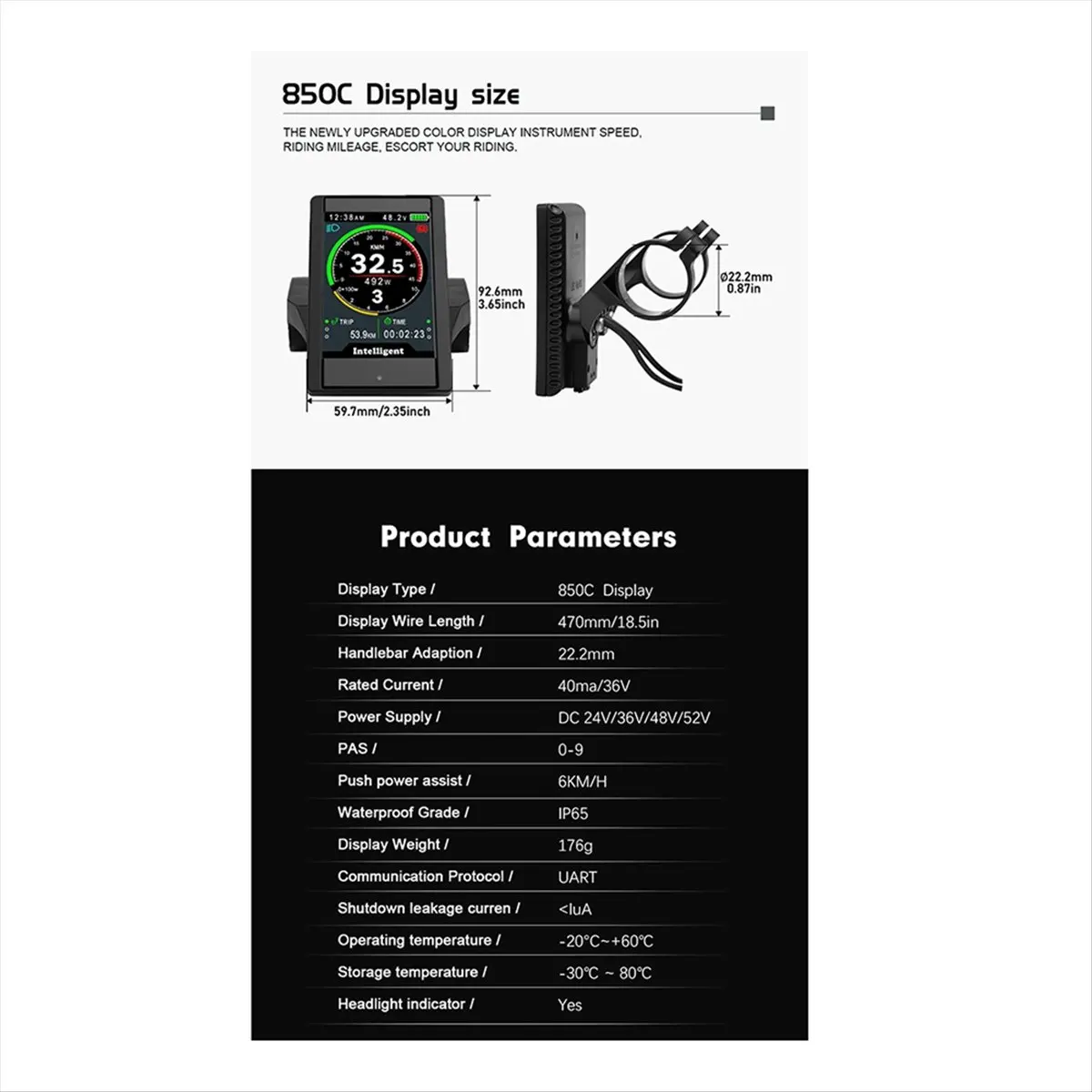 A40I Electric Bike LCD Color Display 850C UART Protocol for BBS01B 02B Mid Motor Conversion 5Pin Female