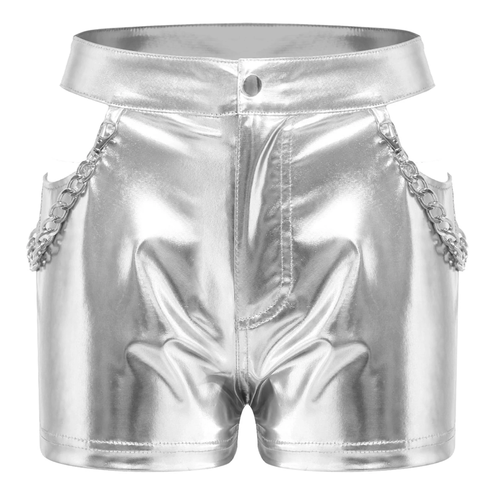 Celana Pendek Dansa Jazz Metalik Mengkilap untuk Wanita, Streetwear dengan Desain Sisi Berlubang, Dekorasi Rantai Pinggang, Pakaian Tari Panggung Jazz
