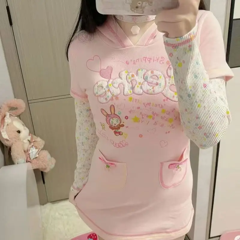 Japanische Subkultur Mezzopiano Kawaii Hoodie Kleider Niedlicher Cartoon-Druck Langarmkleid Damen Slim Fake Two A-Line Minirock