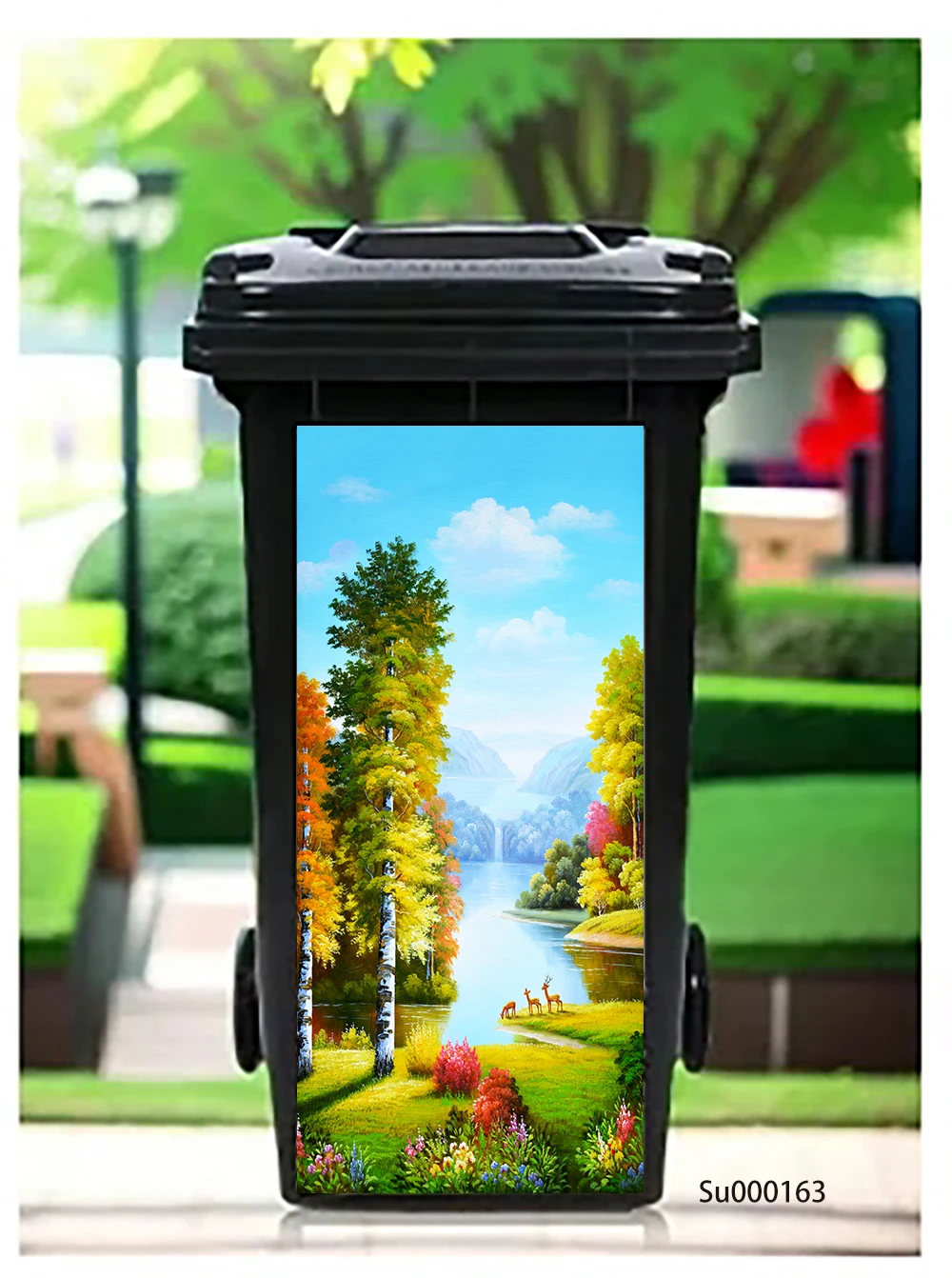 Classic Scenic Landscape Oil Painting Trash Can Sticker, Mountain Lake Forest Design Waterproof Outdoor Bin Decal