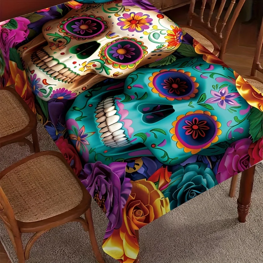 JIT - 1 piece Halloween skull printed tablecloth, Halloween night Mexican theme, floral plant tableclothzyc
