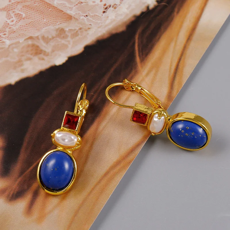 Vintage Lapis Lazuli Dangle Earrings for Women Gold Plated Garnet Square Drop Earrings with Baroque Pearl Hypoallergenic Lightwe