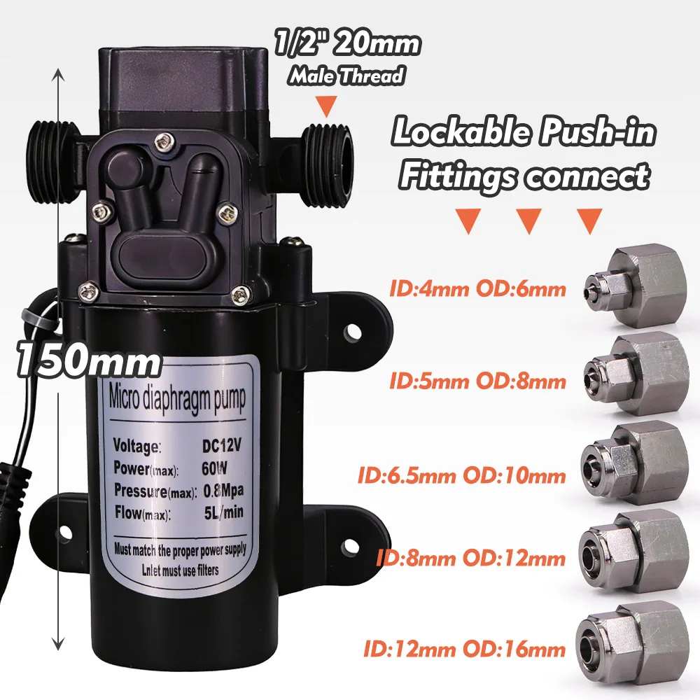 60W Diaphragm Booster Pump with 110-240V Power Supply Water Spray Pump Lockable Push-in Connector for Garden Irrigation Watering