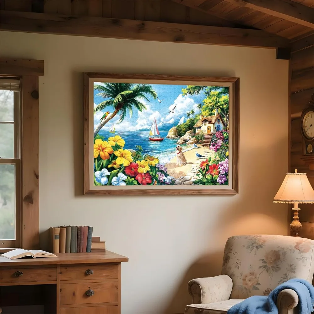 Bord de mer chien oiseau fleurs 1000/500/300/120 pièces puzzle pour adultes décor à la maison défiant famille jouets éducatifs jeu