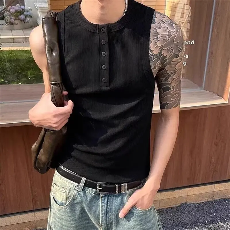 Summer Ice Silk Ribbed High-Stretch Slim Sleeveless Tank Top Men's Fitness Casual Top