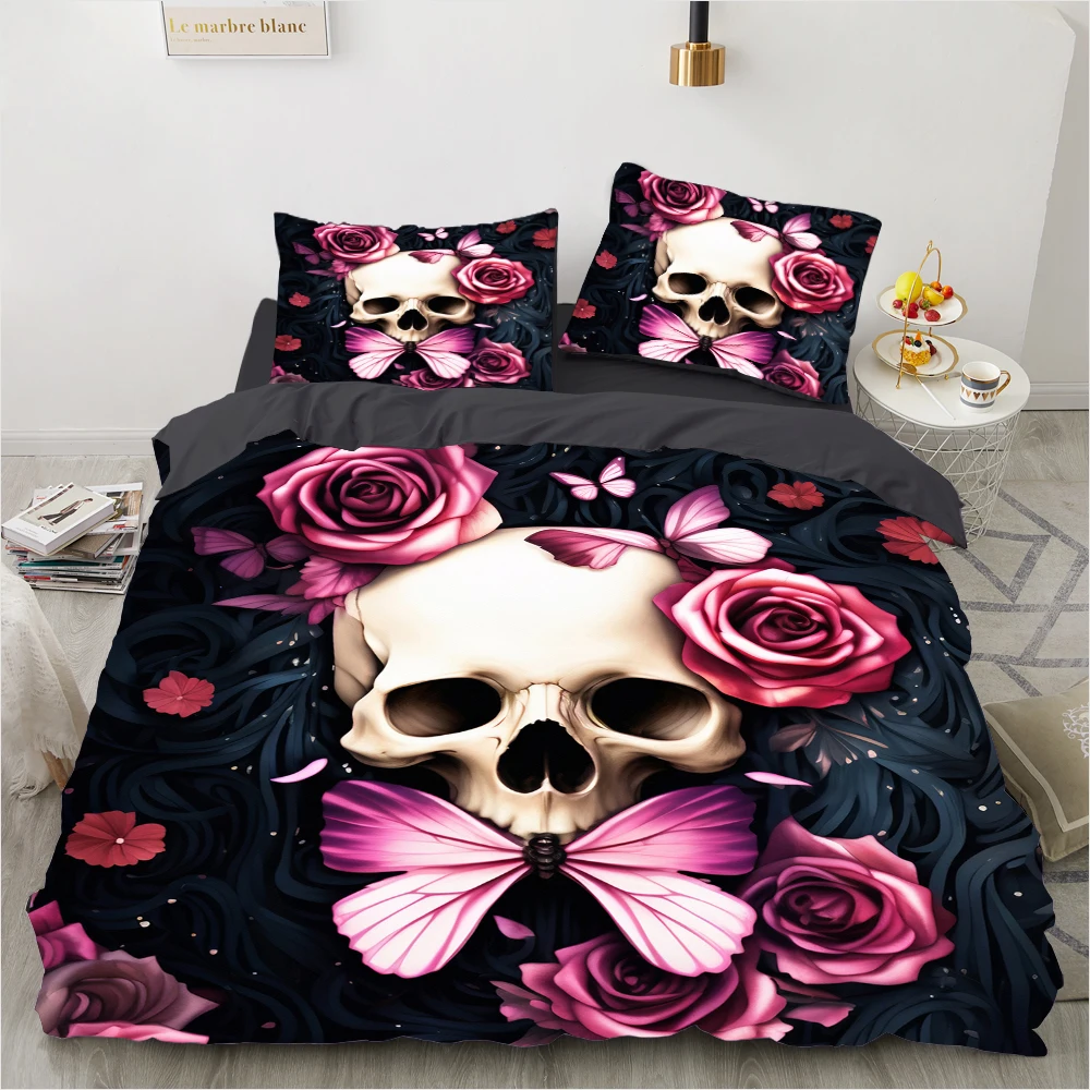 

Pink Rose Skull Duvet Cover Set Twin Single Queen King Size Halloween Bedding set Teen Adult Kids Children Bed Linen Qulit Cover