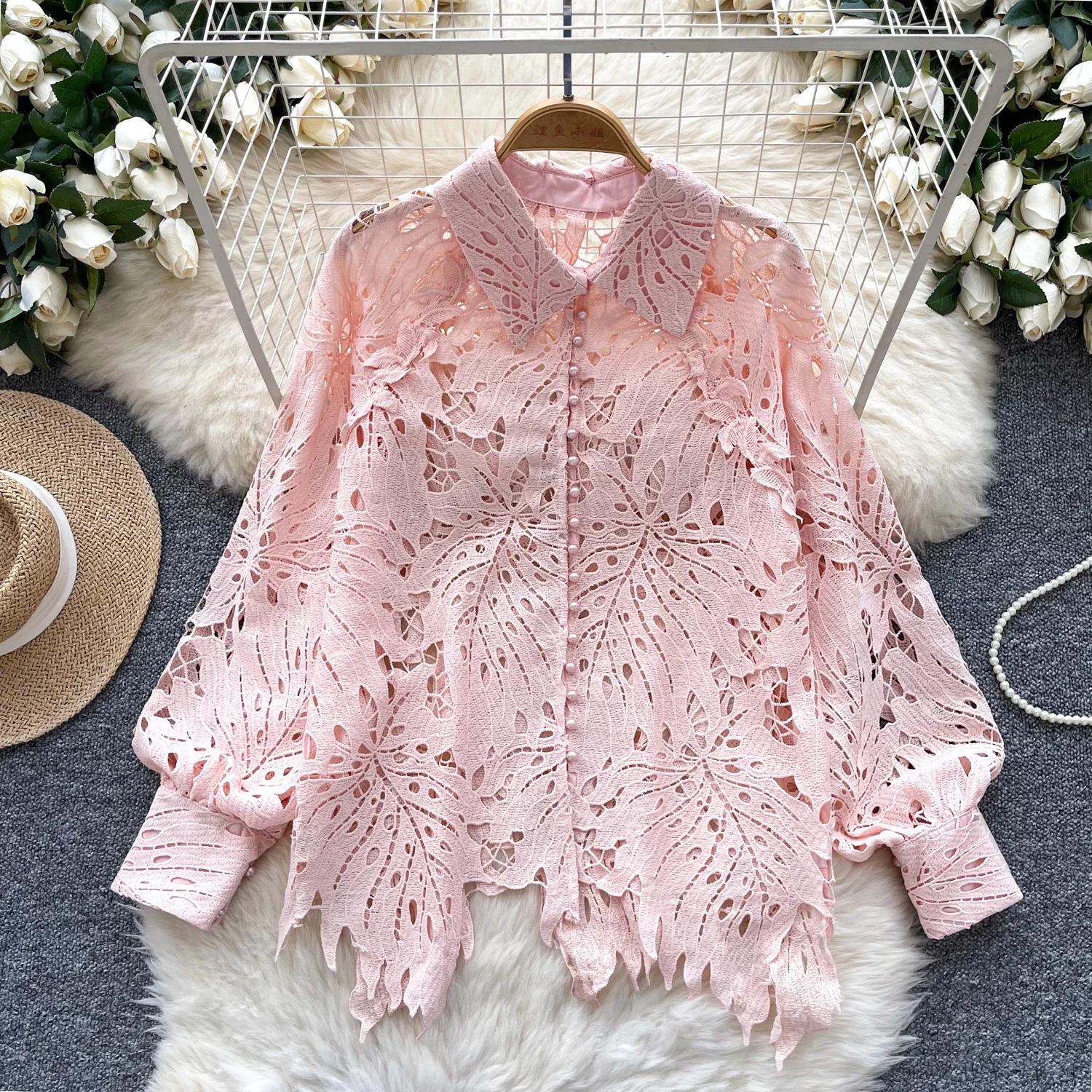 Chic Lace Hollow Out Puff Sleeve Lapel Single Breasted Elegant Fashion Sexy Shirt Spring Autumn Women Blouse