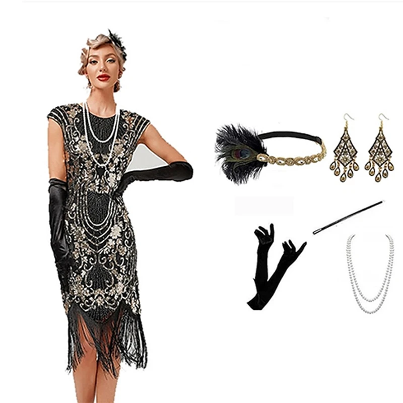 20s 1920s Cocktail Dress Vintage Flapper Dresses Women's Feather Sequin Sexy Tassel Costume Cosplay