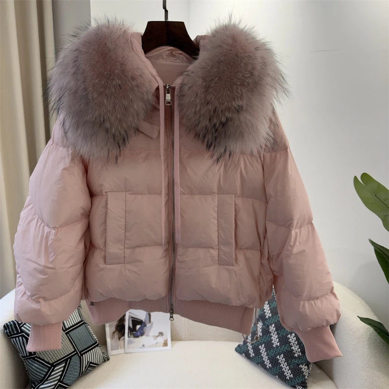 2023 New Thick Warm Duck Down Coat Natural Real Big Raccoon Fur Collar Winter Jacket Women Loose Outerwear Streetwear Luxury