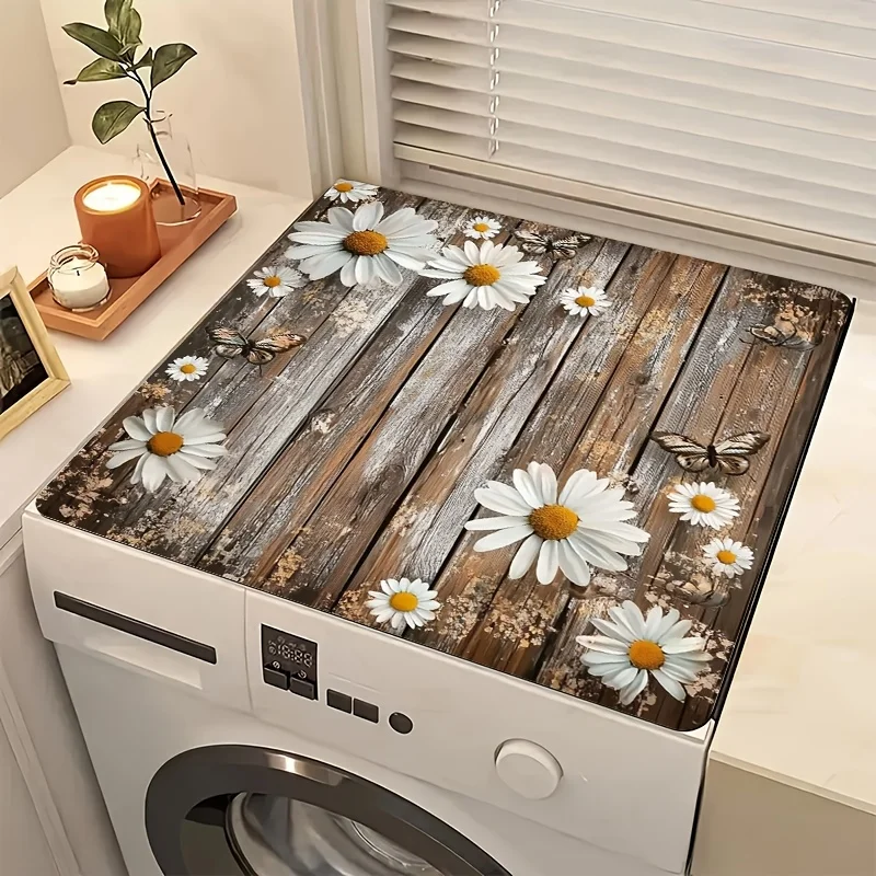 

1pc Vintage Daisy Pattern Washing Machine Dust Cover Pad & Absorbent Drain Mat - Durable Decorative Mat, Rustic Wood Pattern