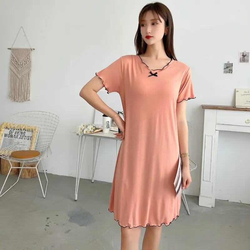 Modal Loose Dress short sleeves Summer Bowknot sleepdress Plus size solid color Women\'s dresses homewear