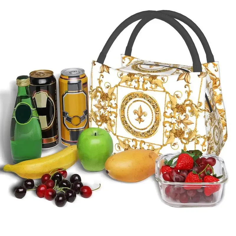 Golden Lion And Damask Ornament Thermal Insulated Lunch Bags Women Baroque Portable Lunch Container Storage Meal Food Box