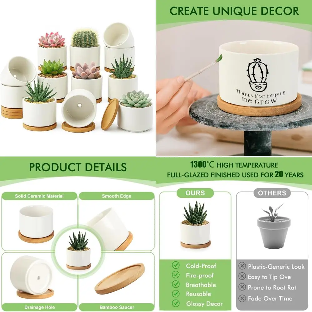 

zoutog 12 pack ceramic succulent pots,4 inch plant pots,succulent planters with drainage hole & bamboo tray for indoor plants,wh