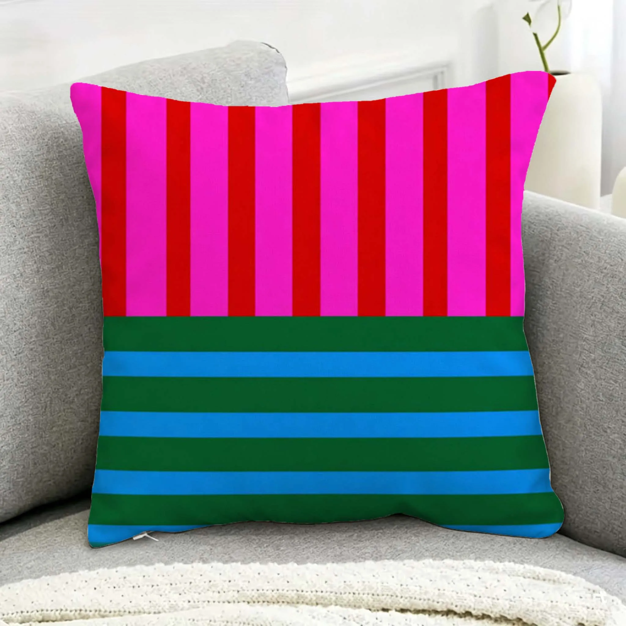 Colorful Striped Pillowcase, Pink Green Blue Cushion Cover, Geometric Print Decor, Bright Home Textile Throw Pillow