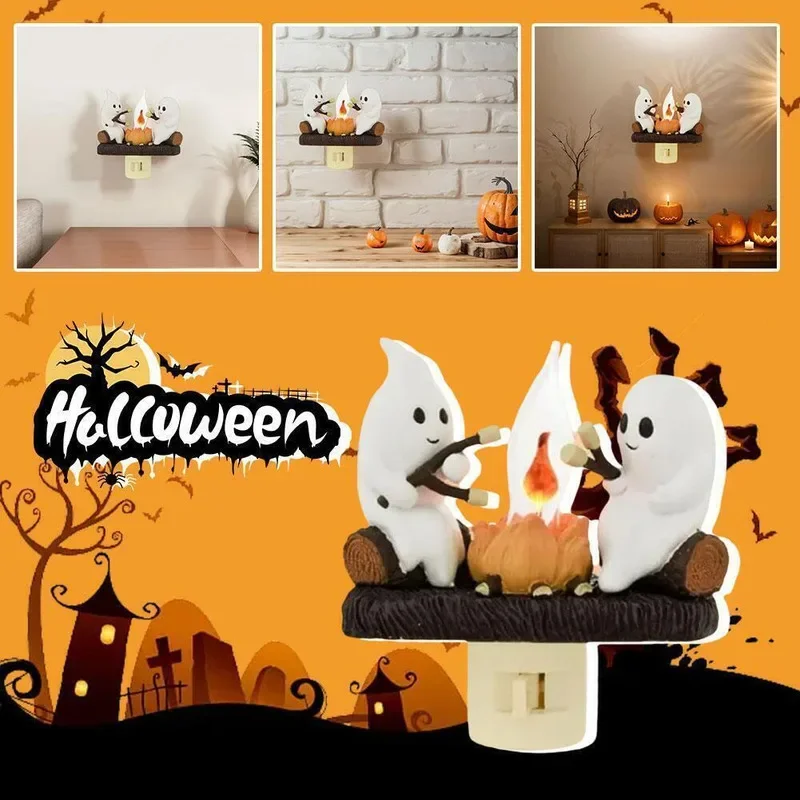 Halloween fantasma fogata fuego malvavisco luz nocturna parpadeante regalo de luz nocturna