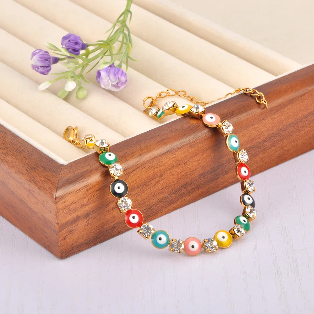 JeeMango الزركون محظوظ تركيا الشر سوار بحليات العين الزرقاء للنساء الرجال الملونة العين قابل للتعديل سلسلة معدنية الإسورة حسن الحظ مجوهرات B25146