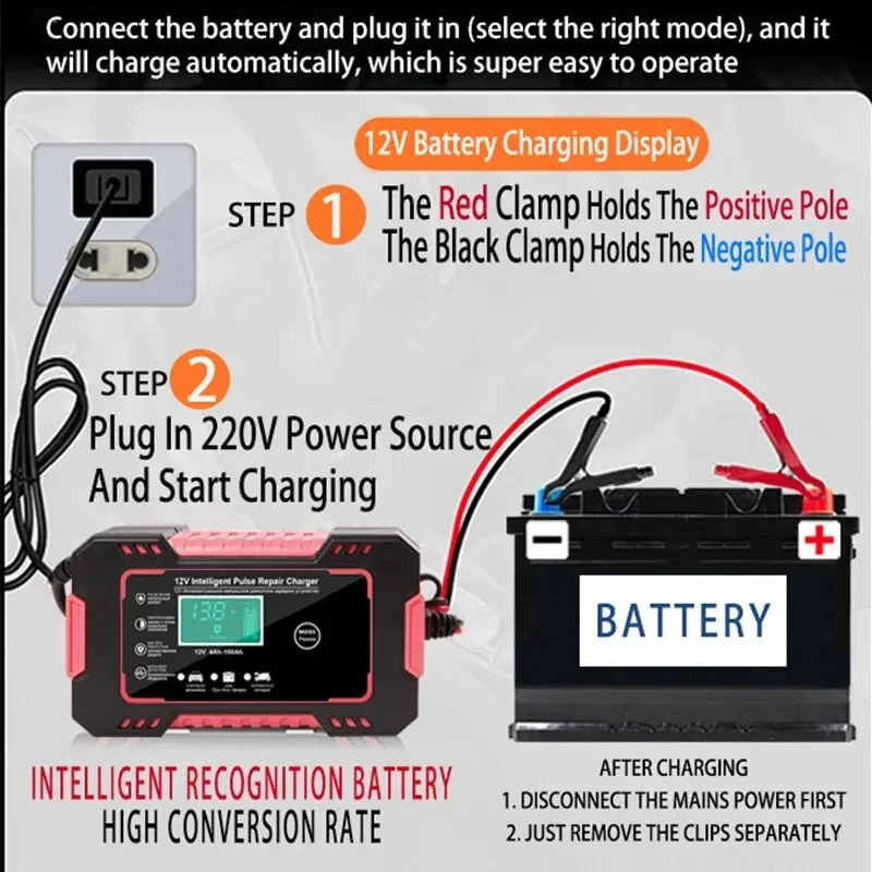 Caricabatteria per auto 6A 12V dispositivo di ricarica della batteria per auto e moto batteria al piombo Display LCD di riparazione intelligente